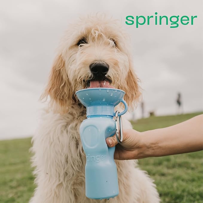 Springer Dog Water Bottle | Portable Travel Water Bottle Dispenser for Dogs | Dog Gift Seen on Oprah's Favorite Things, Shark Tank | Leak-Proof Bottles Fill Bowl with Water | BPA-Free 22oz Sky Blue