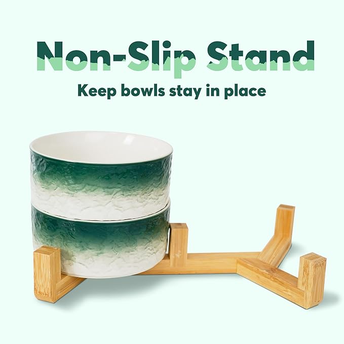 YOBRO Elegant Dog Bowls Set for Medium Dogs, Beautiful Ceramic Stone Alike Style, Pet Bowl Set with Wooden Stand, Non-Slip, Modern Food or Water Breeds Dishs, Gifts for Dog Owners, Green