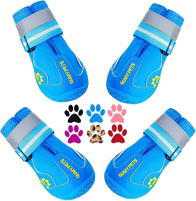 QUMY Dog Shoes for Large Dogs, Medium Dog Boots & Paw Protectors for Winter Snowy Day, Summer Hot Pavement, Waterproof in Rainy Weather, Outdoor Walking, Indoor Hardfloors Anti Slip Sole Blue 5