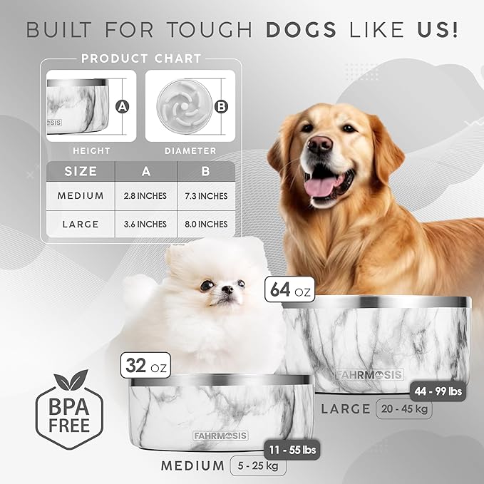 64 OZ Dog Bowl with Slow Feeder Insert Stainless Steel Pet Water Bowl for Medium & Large Breed Non Slip Rubber Base & Plastic Puzzle Feeder - White Marble