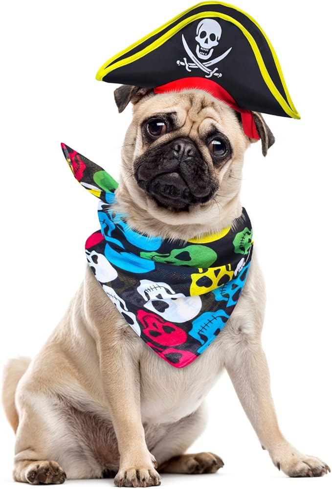 2 Pieces Skull Print Pet Pirate Hat with Pirate Skull Bandana Dog Cat Captain Cap Halloween Pirate Cosplay Costume Halloween Party Hat Dress Up Costume Accessories (D) One Size