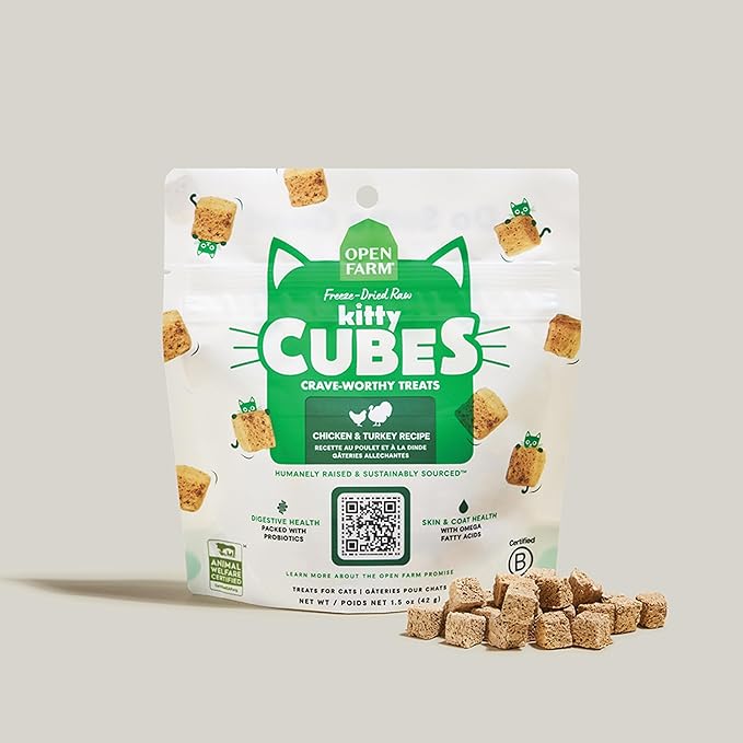Open Farm, Kitty Cubes, Freeze Dried Raw Cat Treats, Grain-Free, High-Protein Cat Treat with Probiotics, Omega Fatty Acids & Superfoods, Chicken & Turkey Recipe, 1.5oz Bag