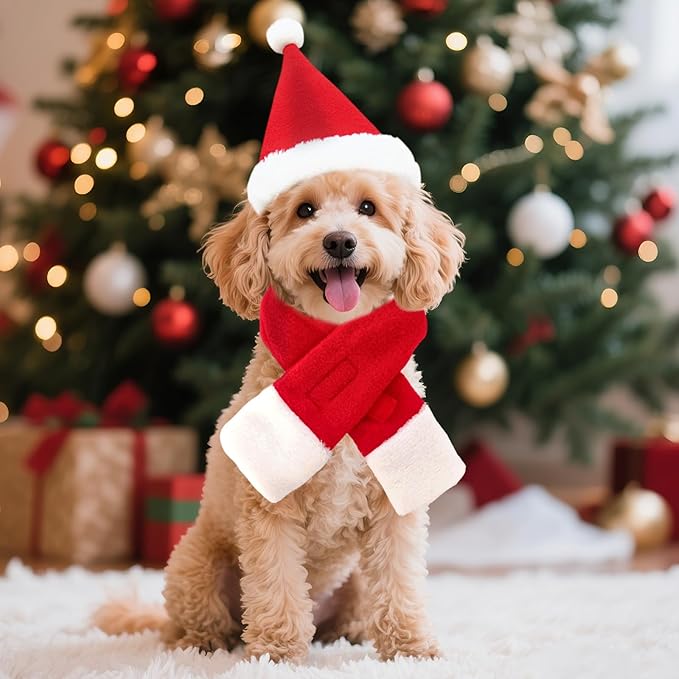 2 Pcs Pet Christmas Hat and Scarf Set, Santa Costume Accessories for Small Dogs and Cats, Adjustable Holiday Outfit for Puppy Kitten Xmas Party and Winter Dress Up