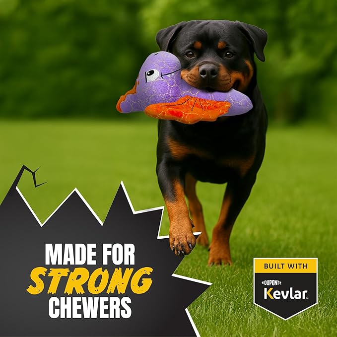 Bite Force - Durable & Strong Dog Toy Purple Dino with Squeaker, Kevlar-Reinforced for Aggressive chewers.