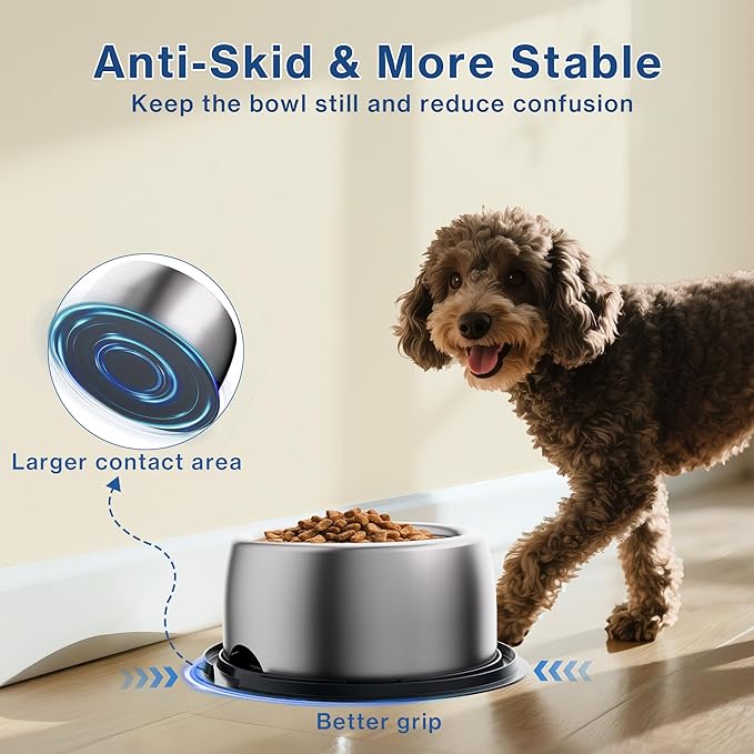 304 Stainless Steel Dog Bowls, Heavy Duty Dog Food Bowl with Extra Strong Non-Slip Mat, Thick Metal Base Water Bowl with Lick Mat for Small, Medium Dogs & Cats, Indoor/Outdoor (13.4 oz)