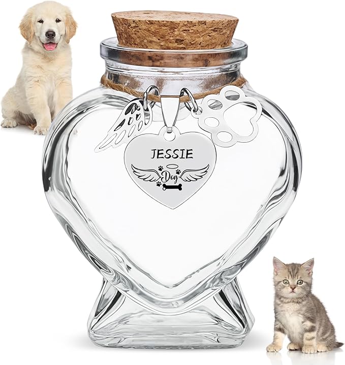 Personalized Pet Memorial Bottle,Engraved Heart Glass Urn for Dog & Cat Ashes/Fur, Custom Pet Name & Paw Print Keepsake, Pet Loss Memorial Gift for Pet Hair Memorial Keepsake