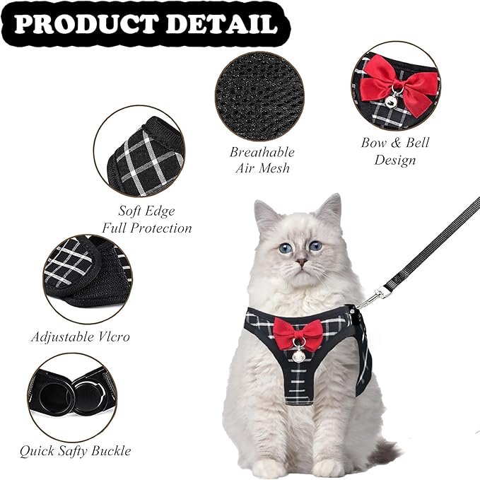 Cat Leash and Harness Set,Breathable Dog Harness,Pet Harness,Adjustable Mesh cat Harness and Leash Escape Proof for Puppy Cat Rabbit (Black, S)