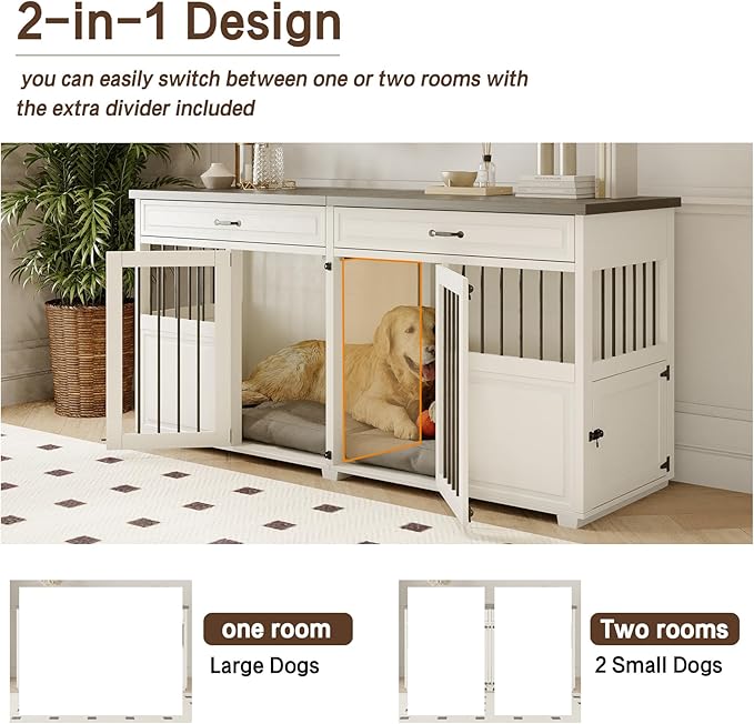 Dog Crate Furniture - Indoor Wood Dog Kennel Furniture 4 Doors with Divider and 2 Drawers - 72" L x 23.6" W x 34.8" H, White