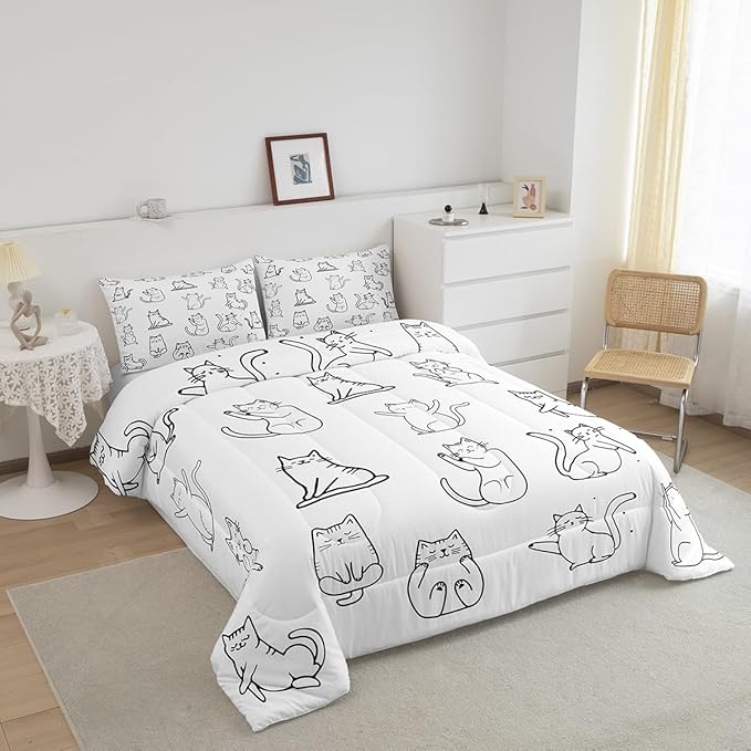 Erosebridal Cute Cat Bedding Full for Girls Boys Kids Funny Animal Comforter Set, Kawaii Pet Bedding Comforter Sets White Kitten Duvet Insert, Yoga Ballet Dance Quilted Comforter Decoratives 3 Pieces