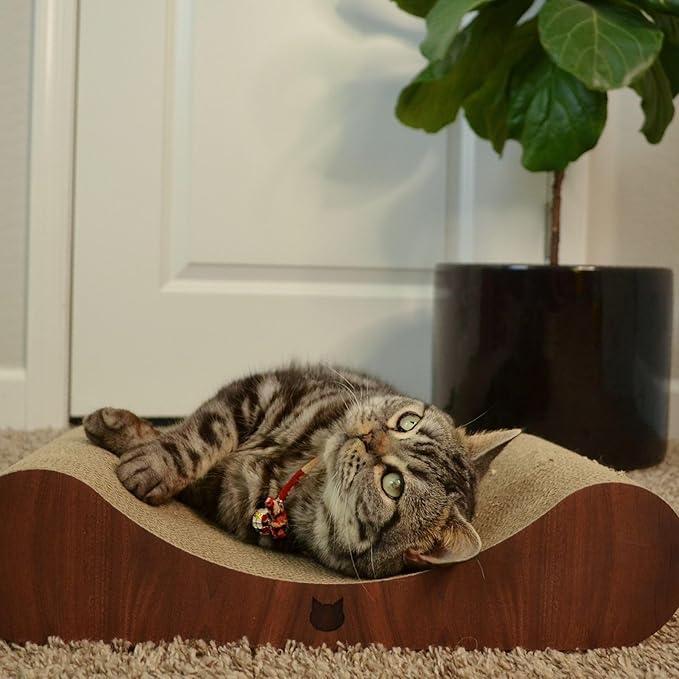Necoichi Cardboard Cat Scratcher Bed for Indoor Cats - Cat Scratching Board, Horizontal Cat Scratch Pad Lounger with Reversible Usability and Extra Comfort for Lounge, Curved (18" Medium, Dark Cherry)