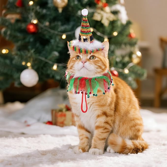 2Pcs Dog Shiny Christmas Hat and Tutu Collar Set, Pet Cats & Small Dogs Christmas Outfit Costume for Xmas Holiday Birthday Party