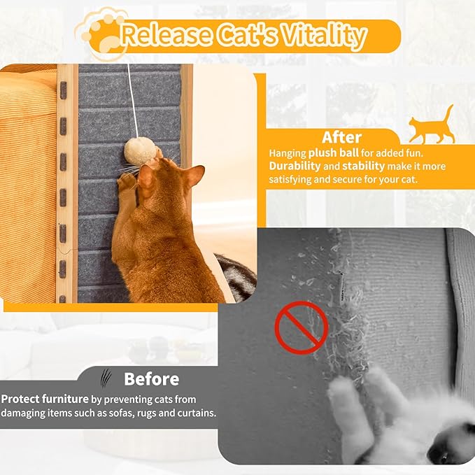 Cat Scratch Pad Felt Cat Scratcher for Indoor Cats Scratching Board Scratchers for Large Cat Scratch Furniture Protector with Ball Kitten Toys L Shape 26.8 Inch Grey