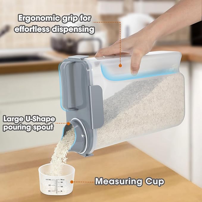 Rice Storage Container 10 Lbs, Airtight Food Dispenser with Large Spout and Cup for Pet Dog Cat Food Storage 7 Lbs