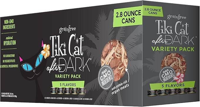 Tiki Cat After Dark, Variety Pack, High-Protein and 100% Non-GMO Ingredients, Wet Cat Food for Adult Cats, 2.8 oz. Cans (Pack of 12)