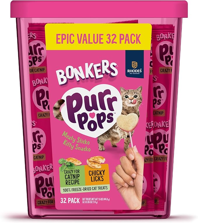 Bonkers Purrpops Freeze Dried Chicken & Catnip Flavor Lollipop Cat Treats, Healthy Single Ingredient Treats, Training Treats or Food Topper, for All Breeds and Ages, Value Pack (32 Pieces)