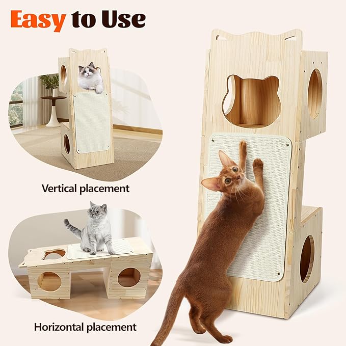 Cat Tower Scratcher, Cat House with Scratching Pad Horizontal Vertical Solid Wooden Cat Tree Furniture with Creative Cat House Condo for Indoor Cats Sunbathing, Relaxing and Sightseeing