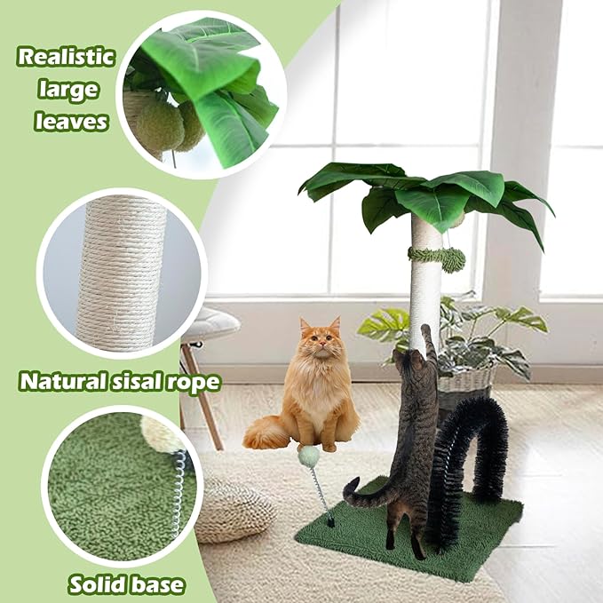 Cat Scratching Post,29.5 Inches Tall Palm Tree Cat Scratcher,Natural Sisal Cat Scratching Posts with Interactive Balls and Self Groomer Brush for Indoor Cats Cute Kitten Adults Cats(Green)