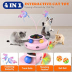 Pawtners Interactive Cat Toy 4 in 1 Automatic Cat Toy for Indoor Cats, Electric Kitten Toy with Rechargeable Battery, Self Play Kitty Toys with Fluttering Butterfly, Track Ball and Feather Pack, Pink