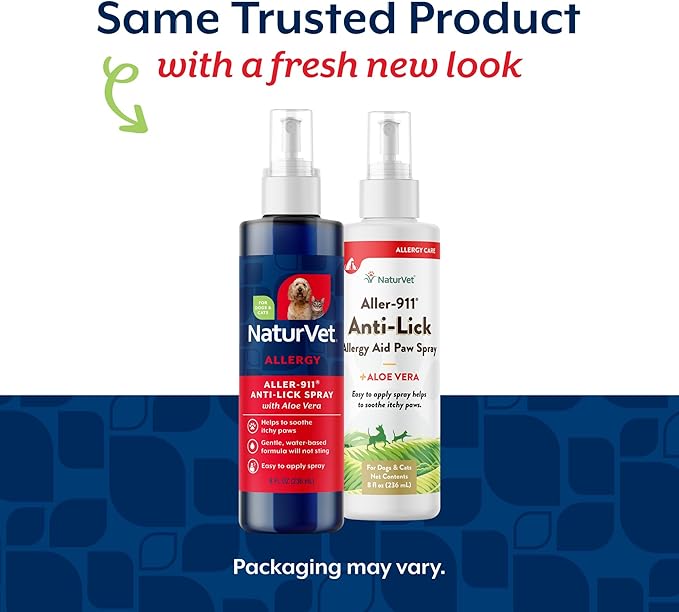 NaturVet Aller-911 Anti-Lick Paw Spray for Dogs & Cats – Includes Aloe Vera – Helps Sooth Itchy Paws, Offers Dog & Cat Allergy Support – Helps Discourage Pet Licking – 8 Oz. Spray