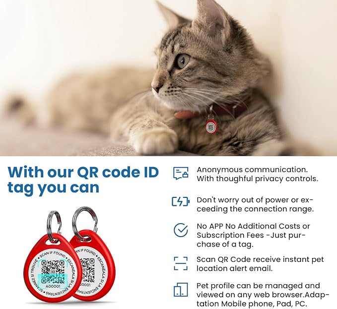 Cat Tags Personalized Small, QR Code Cat Name Tags for Kitten Collar, Scan Location Alerts, Red S