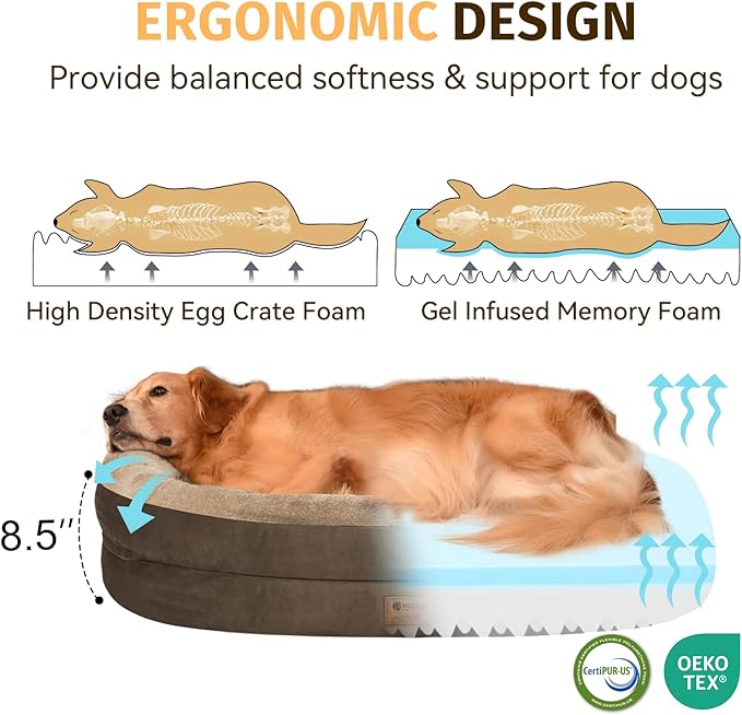 Orthopedic Washable Large Dog Bed: Cooling Dog Bed with Bolsters - Jumbo Bed Waterproof Removable Cover Non-Slip Pet Bed for Extra Large Sized - Coffee