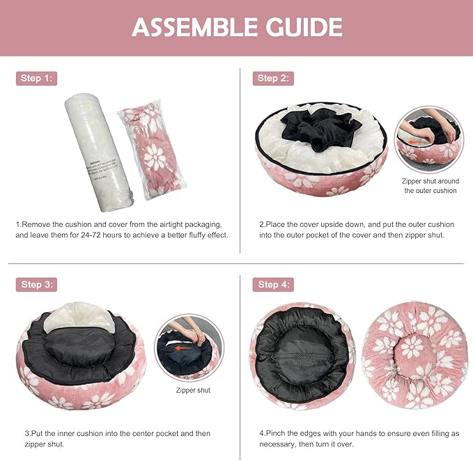 Donut Dog Beds for Small Dogs, Calming Round Cat Beds for Indoor Cats, Cute 3D Textured Flower Pet Bed with Removable Washable Cover and Anti-Slip Bottom（Pink，23"）