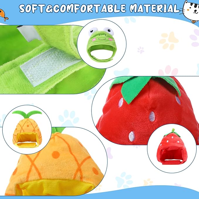 Weewooday 5 Pcs Cat Adorable Costume Bunny Hat with Ears Funny Mane Cat Hat for Pets and Small Dogs Kitten Puppy Party Costume Accessory Headwear(Avocado, Orange, Strawberry, Pineapple, Frog)