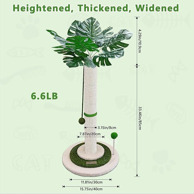Cat Scratching Post 38" Tall Scratching Post for Indoor Cats Cat Scratcher Cat Tree Wrapped Sisal Rope Large Cat Scratching Post Cute Cat Scratching with Interactive Dangling Balls and Spring Ball