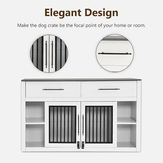 Lovupet Wooden Dog Crate Furniture, Pet House End Table with Large Drawers, Pet Crate for Small/Medium Dogs 1858 (White and Grey)