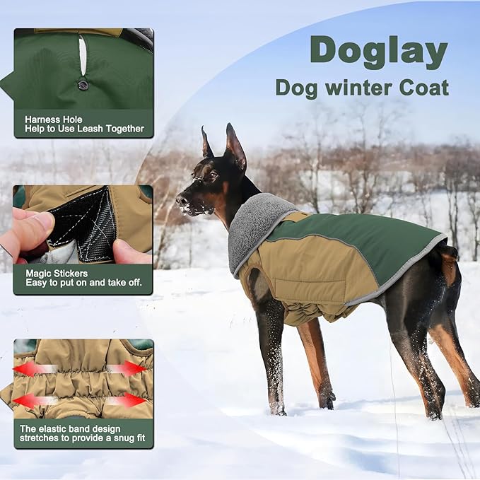 Doglay Dog Jacket Waterproof Dog Coat, Reflective Cold Weather Winter Coat, Adjustable Turtleneck Fleece Puppy Snow Jacket with Harness Hole for Small Medium Large Dogs