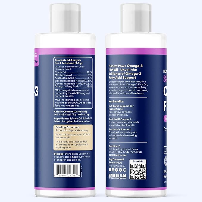Honest Paws Salmon Oil for Dogs and Cats - Omega 3 Wild Alaskan Salmon Fish Oil - Healthy Skin, Joints, Nutritional Support, Shiny Coat - Fatty Acid, Pollock Oil - Sustainably Sourced - 8 Oz