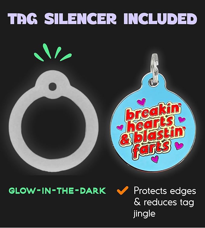 Personalized QR Code Dog Tags - Choose from 25+ Tag Designs - QR Code Links to Your Profile - Unique, Cute, Funny, Sassy Pet ID Tag (Breakin' Hearts & Blastin' Farts, Large (1.25 inch))