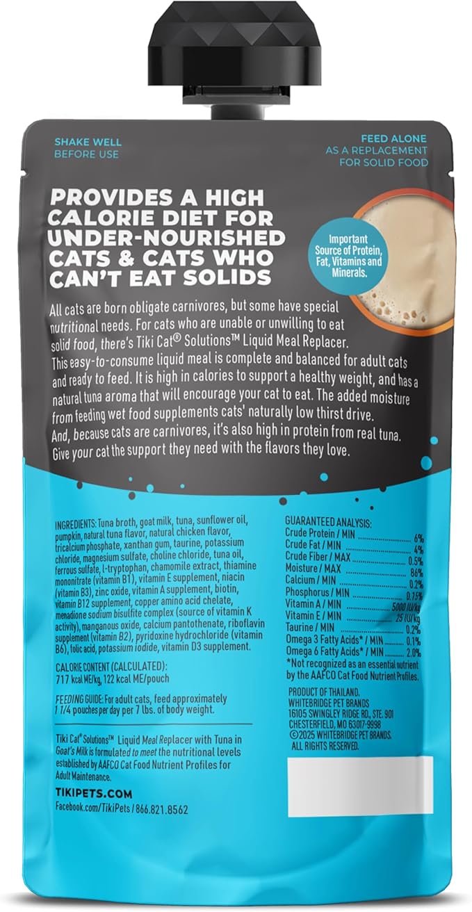 Tiki Cat Solutions Liquid Meal Replacer Wet Cat Food, Tuna in Goat's Milk, 6 oz. Spout Pouch (6 Count)