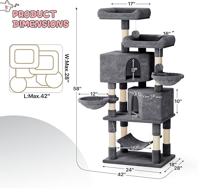 MoNiBloom Cat Tree, 58 Inch Cat Tree Tower with 2 Cat Condo, Cat Tower with Scratching Post, Cat Climbing Tower with 3 Hammock, Cat Tree for Indoor Cats, Somky Grey