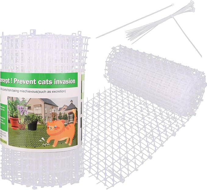 1 Pcs White Cat Scat Mat with 16 Garden Staples, 1FT Width × 13FT Length Cat Repellent Mat, Cat Deterrent Mat for Indoor and Outdoor to Keep Pet Away