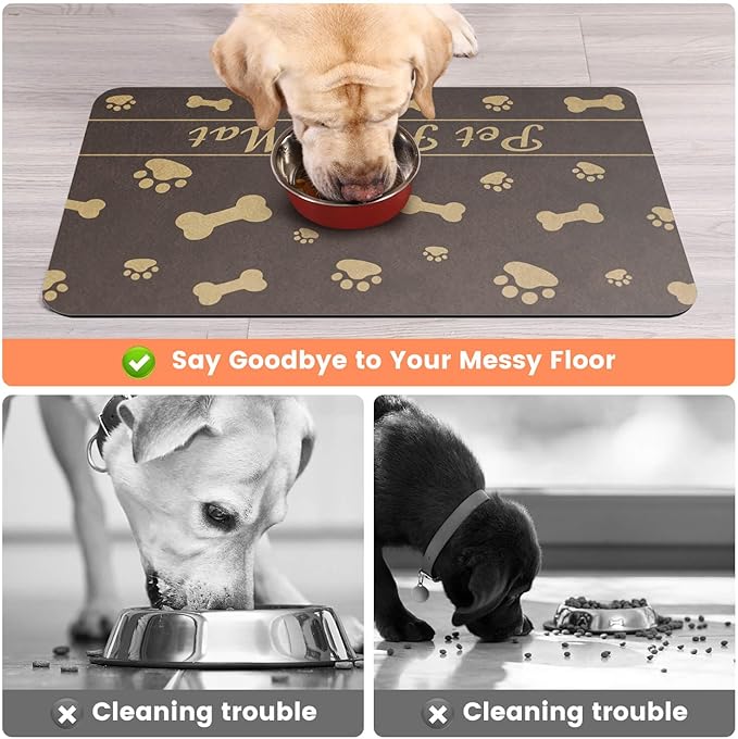 Pet Feeding Mat-Absorbent Pet Placemat for Food and Water Bowl, with Waterproof Rubber Backing, Quick Dry Water Dispenser Mat for Dog and Cat (16"x24", Brown)