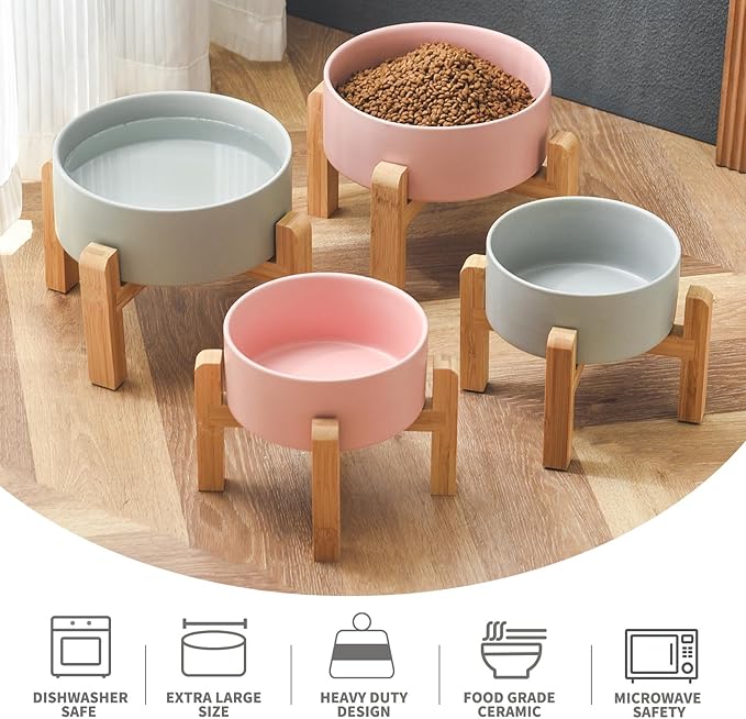 6'' Ceramic Raised Dog Bowl - 30Oz Dog Food & Water Bowl with Elevated Non-Slip Bamboo Stand, Dishwasher & Microwave Safe, Anti Vomiting Heavy Duty Pet Bowl for Small and Medium Dogs, Grey