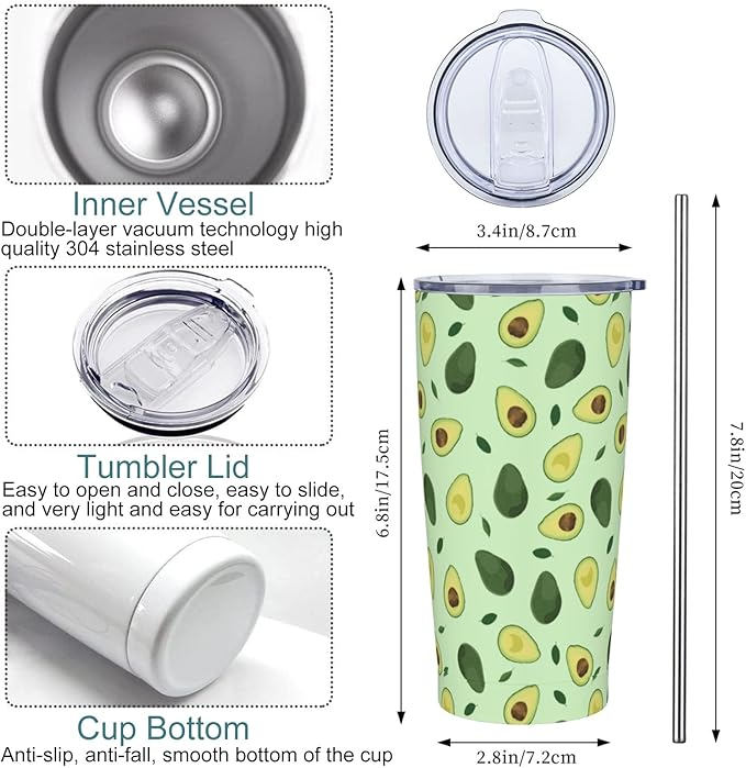 Avocado Tumbler with Lid and Straw, 20 Oz Stainless Cup Steel Insulated Water Bottle Travel Coffee Mug