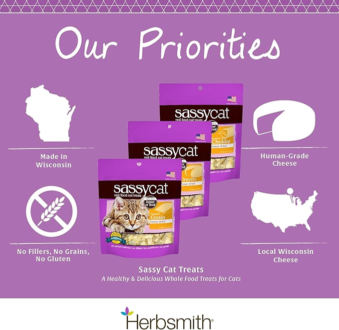Herbsmith Sassy Cat Treats – Freeze-Dried White Cheddar – Human-Grade Wisconsin Cheese – Natural Snack for Picky Eaters – 1 Ingredient – USA Made – 4.6 oz