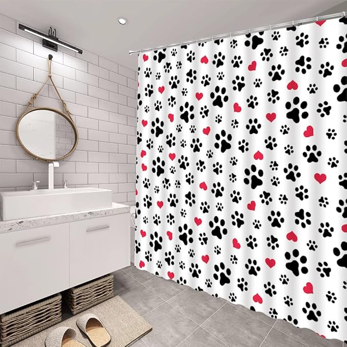 Dog Paw Print Shower Curtain Pet Lovers Cute Kitten Cat Footprint Red Love Heart Abstract Geometric Drawing Style Animal Decor Boys Girls Polyester Fabric Bathroom Curtain 70 x 70 Inch
