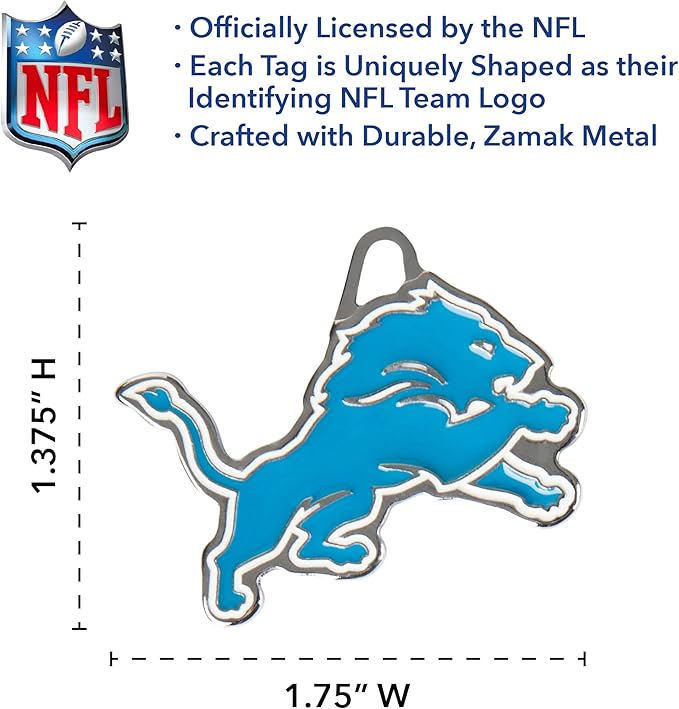 NFL Detroit Lions Engraving Pet ID Tags in 32 Team Logo Shapes Personalized Dog Tags and Cat Tags with 3 Lines of Customizable Text for Tracking & Safety. Stainless Steel Pet ID Tracking Tags