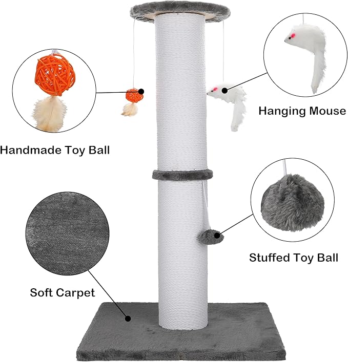 36.5 Inch Cat Scratching Post Heavy Duty Cat Scratch Post Handmade Cotton Rope with Hanging Toys for Ultimate Cat Fun(Grey)