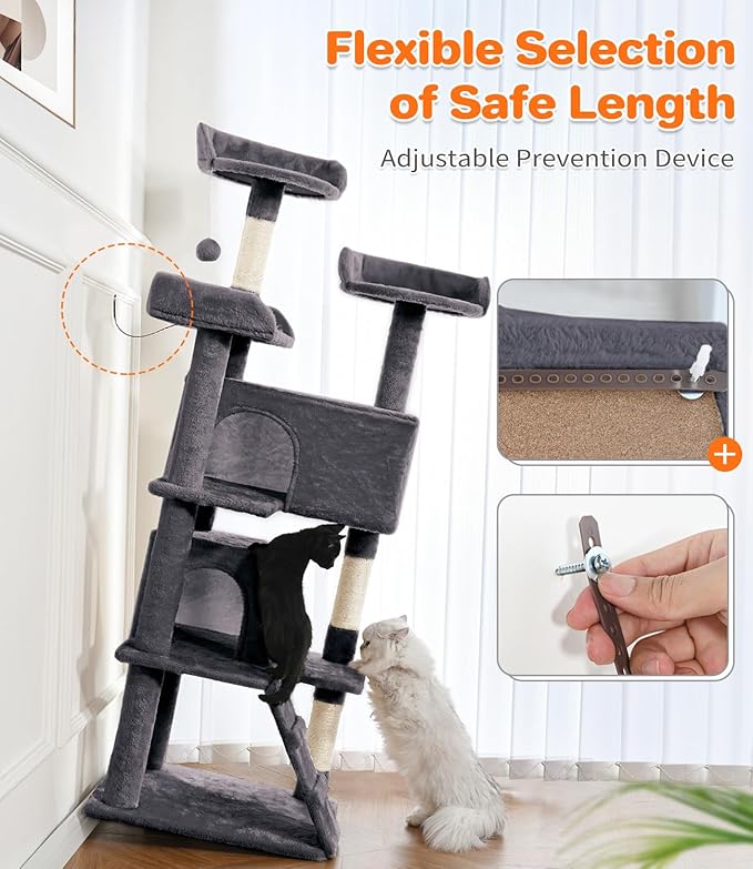 Made4Pets Cat Tree 54in Cat Tower for Indoor Cats Kitten Tree Multi-Level Cat Tree with 2 Condo Furniture Activity Center with Scratching Posts Funny Toys Kittens Pet Play House, Dark Grey