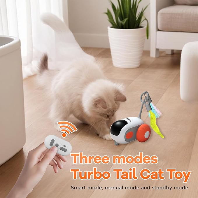 Turbo Tail 3.0 Interactive Cat Toy - Smart Remote Control Electric Mouse with Feathers, 3 Play Modes (Smart/Manual/Standby), Auto Obstacle Avoidance, Type-C, 8H Playtime - Orange (2 PCS)