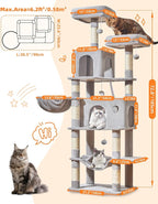 Taoqimiao Large Cat Tree，73-Inch Cat Tree Tower with 9 Scratching Posts for Indoor Cats, 2 Large Cat Condo with Hammock, Hanging Basket, 2 Extended Platform, Light Gray MS013XLW