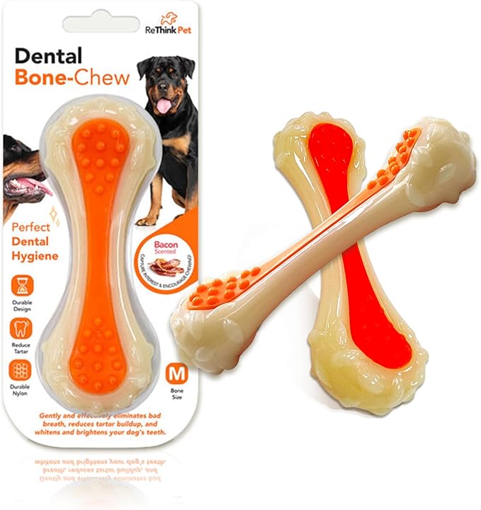 Dental Bone Chew Pet Toy Medium, Bacon-Scented Durable Dog Toys for Aggressive Chewers, Orange