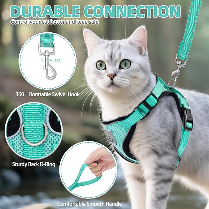 PUPTECK Cat Harness and Leash Set Escape Proof Reflective Cat Walking Harness Adjustable Soft Breathable Mesh Vest for Small Pets, Aquamarine, XS