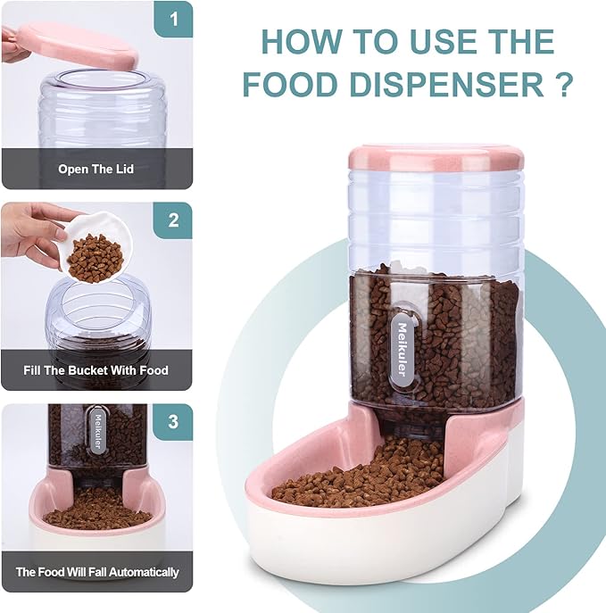 Meikuler Automatic Dog Cat Feeder and Water Dispenser Set,Waterer and Gravity Food Feeder for Small & Medium Dogs Cats Puppies,Large Capacity 1 Gallon x 2(Pink)