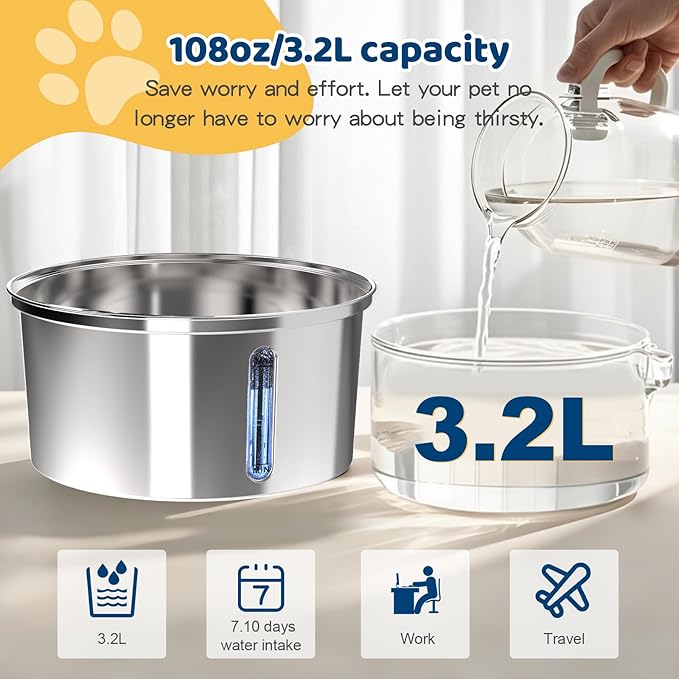 Water Fountains Cats Stainless Steel Dispenser Wireless Pet Fountain Drinking Inside- Automatic 108oz/3.2L 5000mAh Cats Fountain Indoor with Motion Sensor & Filters for Dogs, Multiple Pets