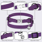 Leather Cat Collar with Buckle and Removable Bell - Non Breakaway Adjustable Soft Safety Small Pet Collars for Girl Boy Cats Kitten (Purple)